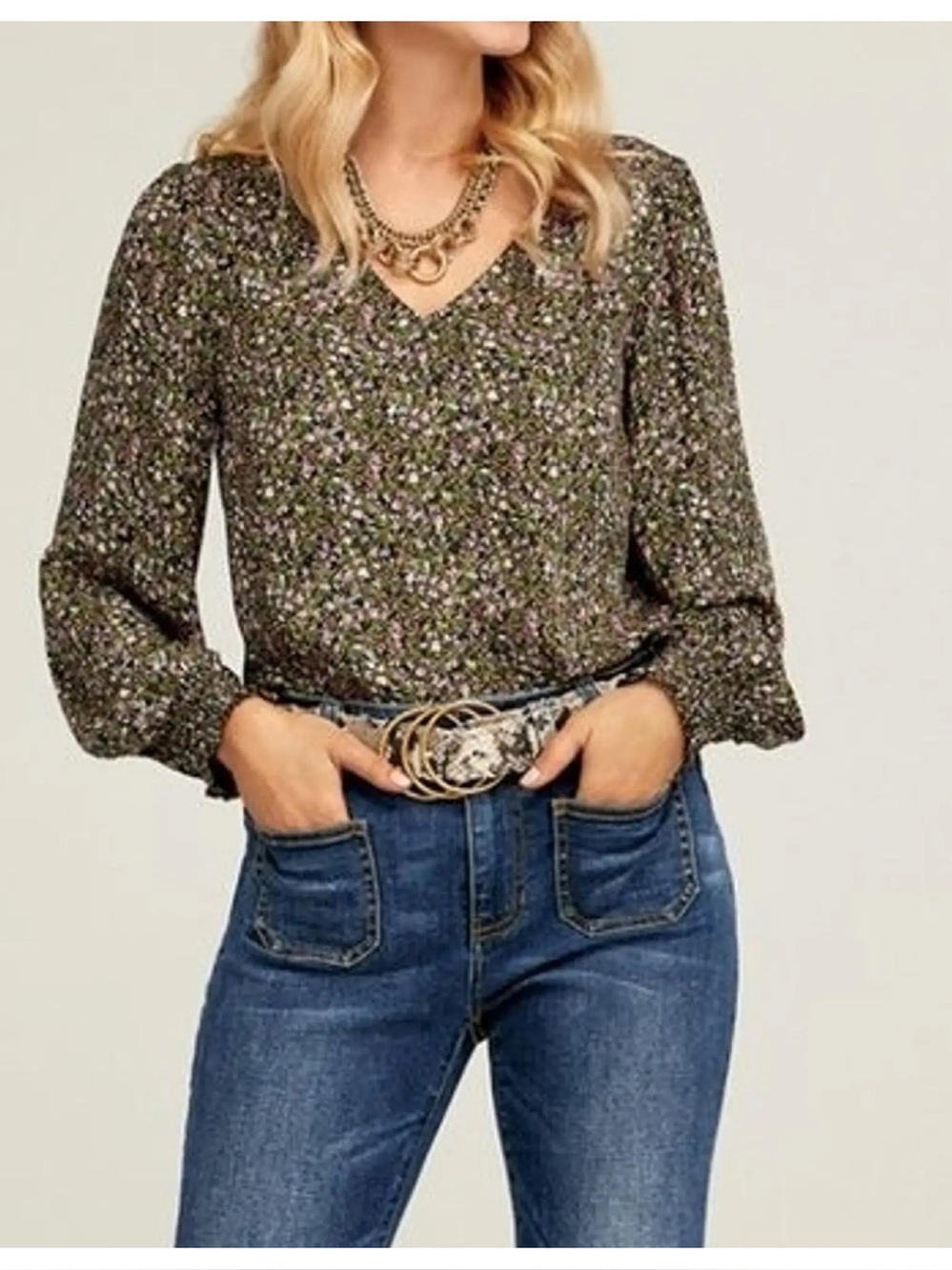 Cabi Chorus Blouse Size Large Floral Long Sleeve V Neck